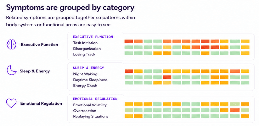 Symptoms grouped by category like Executive Function, Sleep & Energy, and Emotional Regulation